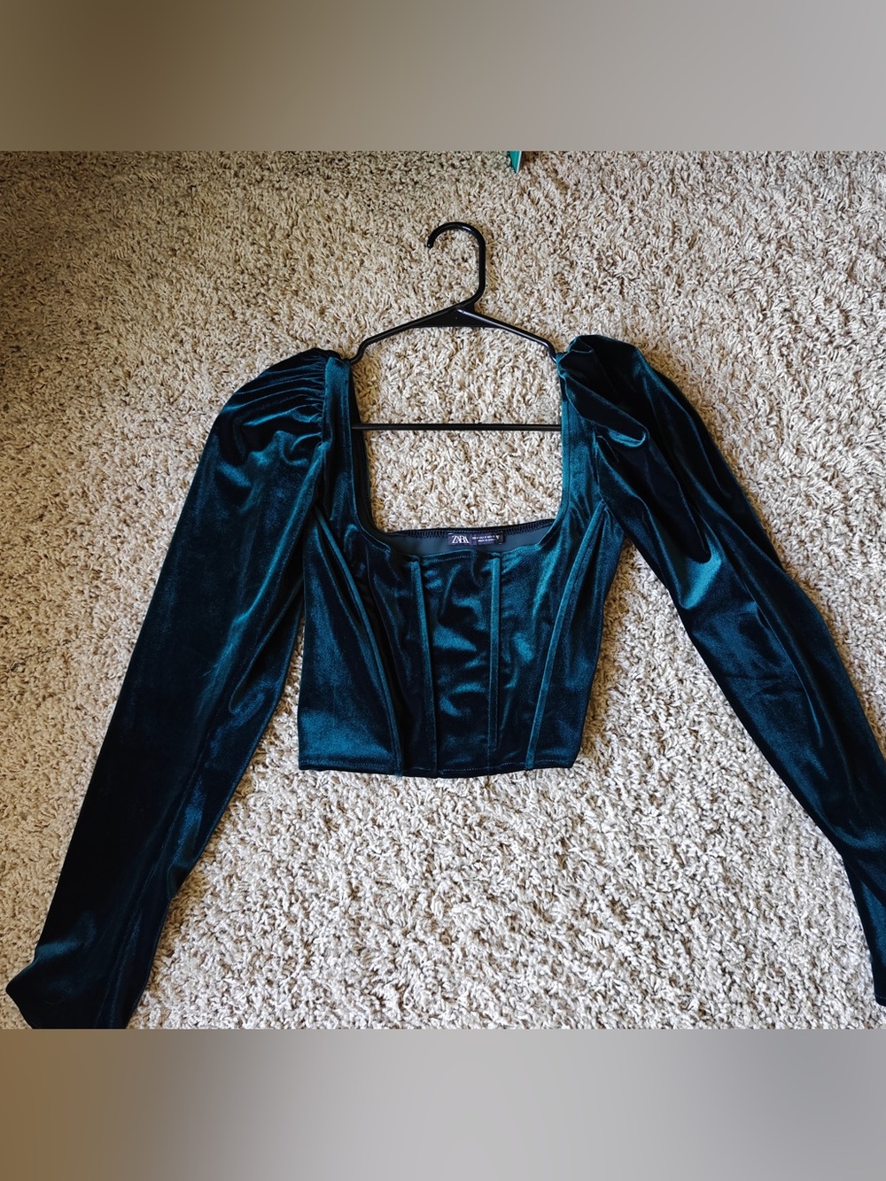 Zara Emerald Green Velvet Corset Crop Top with Puff Sleeves